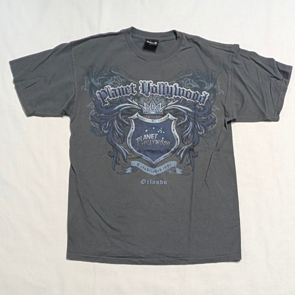 Planet Hollywood Orlando T-Shirt Mens Medium Gray Y2K Crest Graphic Alstyle 1998 - Picture 2 of 10